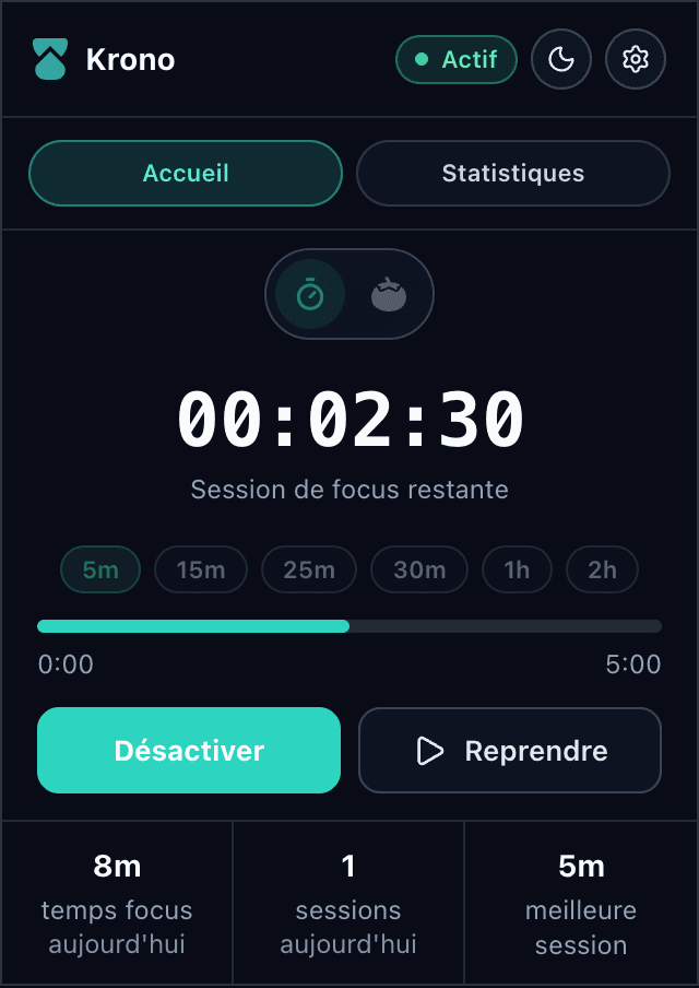 Capture de l'extension Krono en mode sombre