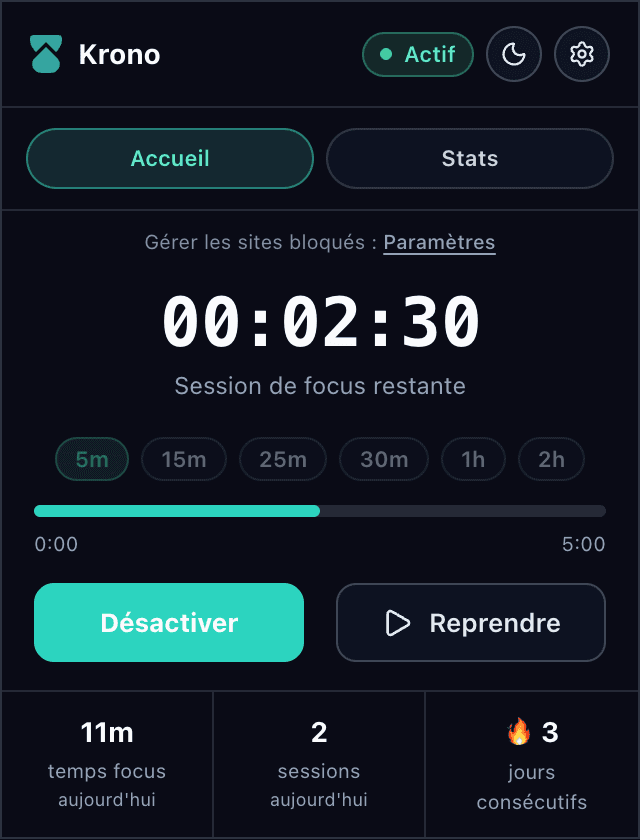 Capture de l'extension Krono en mode sombre