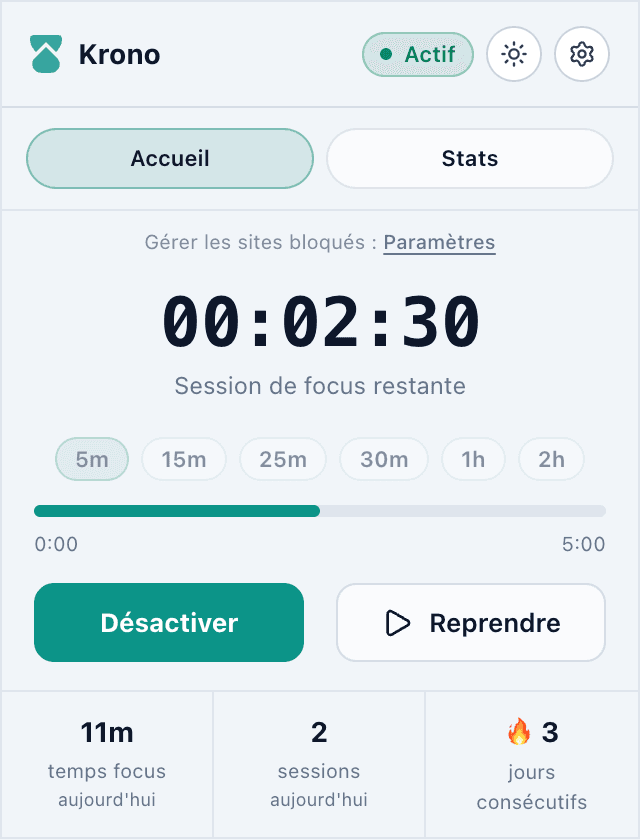 Capture de l'extension Krono en mode clair