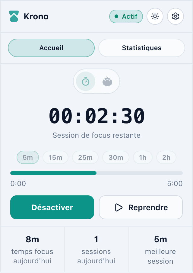 Capture de l'extension Krono en mode clair